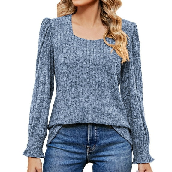 tarylea Square Neck Shirt for Women Ribbed Ruffled Long Sleeve Shirts Solid Color Loose Pullover Fall Dailywear