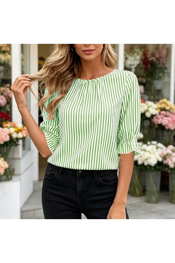 Striped Tops for Women Flare 3/4 Sleeve Ruched Front Back Button Crew Neck Blouse Tops Casual Lightweight Tops