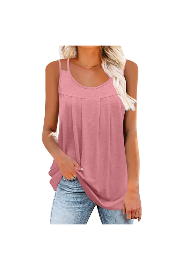 Summer Long Tunic Tank for Women Scoop-Neck Crisscross Bcak Spaghetti Strap Pleated Front Loose Fitting Sleeveless Tops