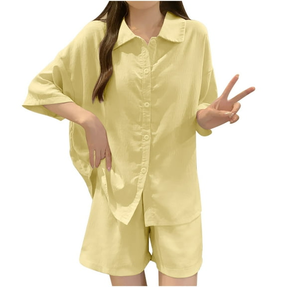 tarylea Summer Pajamas Set for Women Built in Bra Button down 3/4 Sleeve Lapel Shirts Mid Rise Shorts Solid Color Casual Comfy Stretch Loungewear Suits