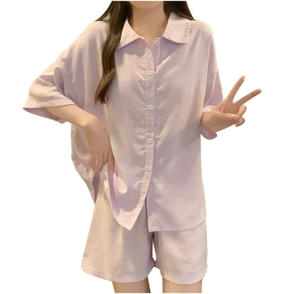 tarylea Summer Pajamas Set for Women Built in Bra Button down 3/4 Sleeve Lapel Shirts Mid Rise Shorts Solid Color Casual Comfy Stretch Loungewear Suits