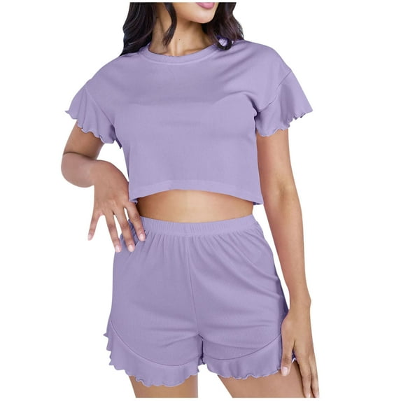 tarylea Summer Pajamas Set for Women Crew Neck Short Sleeve Crop Tops Elastic Waist Shorts Solid Color Ruffled Sets Casual Dressy Sleepwear Suits