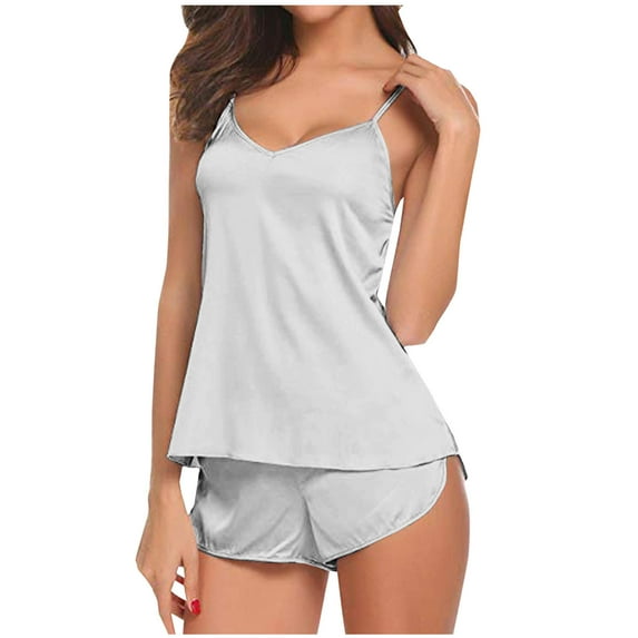 tarylea Summer Pajamas Sets for Women Deep V Neck Spaghetti Strap Tank Tops Elastic Waist Side Split Shorts Solid Color Satin Suits Casual Loose Homewear Lounge Sets