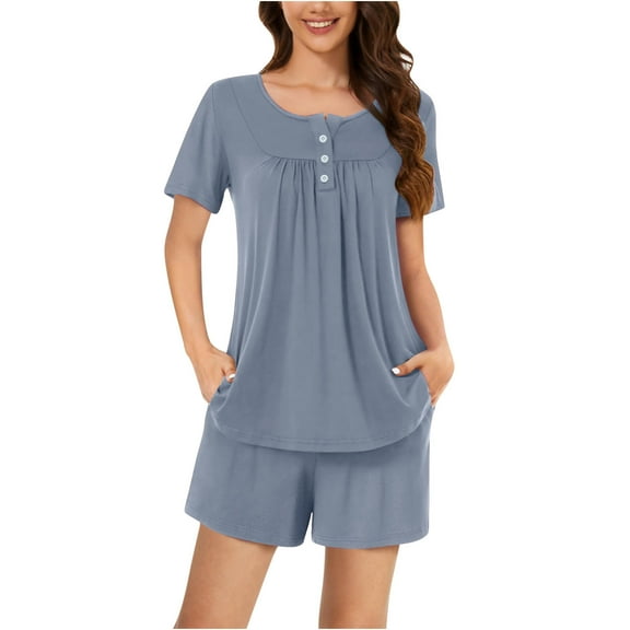 tarylea Summer Pajamas Sets for Women Square Neck Chest Button Pleated Tops Elastic Waist Shorts Solid Color Suits Casual Loose Comfy Loungewear