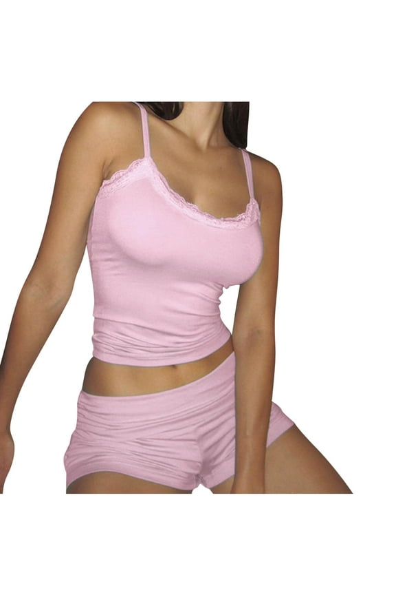 Summer Pajamas for Women Set Spaghetti Strap Lace Blocked Tank Tops Stretch Shorts Solid Color Casual Fitted Comfy Homewear