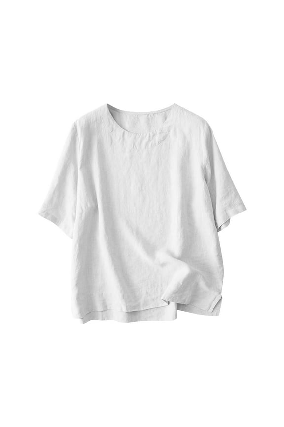 Summer T-Shirt for Women Elbow Length Sleeve Scoop-Neck Loose Fitting Comfy Side Slit Basic Daily Wear Tees