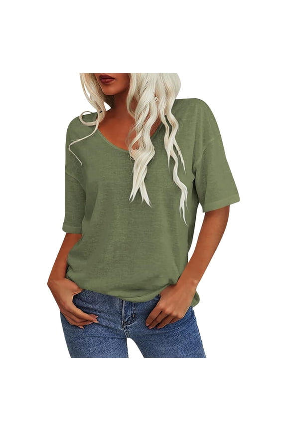 Summer T-Shirt for Women Elbow Length Sleeve V Neck Loose Fitted Stretch Comfy Solid Color Tees