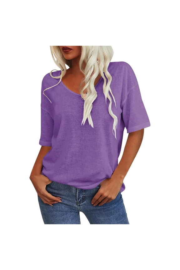 Summer T-Shirt for Women Elbow Length Sleeve V Neck Loose Fitted Stretch Comfy Solid Color Tees