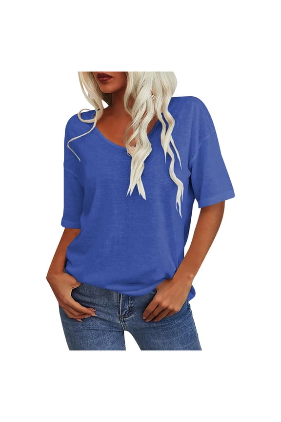 Summer T-Shirt for Women Elbow Length Sleeve V Neck Loose Fitted Stretch Comfy Solid Color Tees