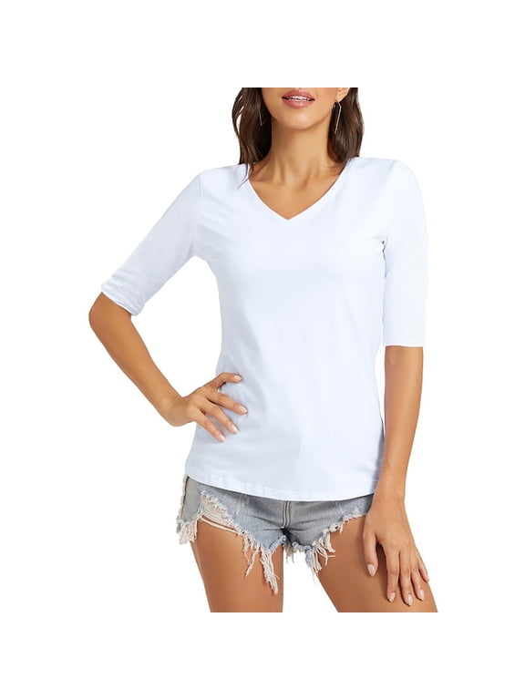Summer T-Shirts for Women Elbow Length Sleeve V Neck Tops Casual Comfy Basic Plain Color Tee Tops
