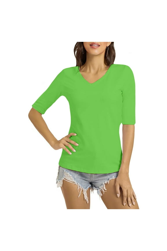Summer T-Shirts for Women Elbow Length Sleeve V Neck Tops Casual Comfy Basic Plain Color Tee Tops