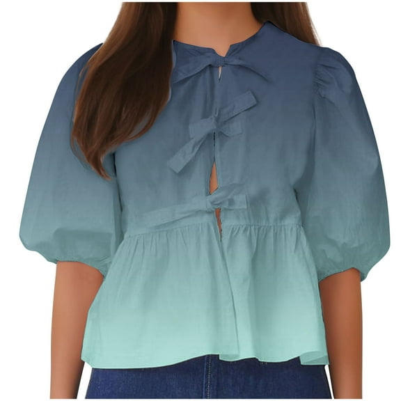 tarylea Summer Tops for Women 3/4 Length Puff Sleeve Shirts Tiefront Babydoll Going out Top Gradient Color