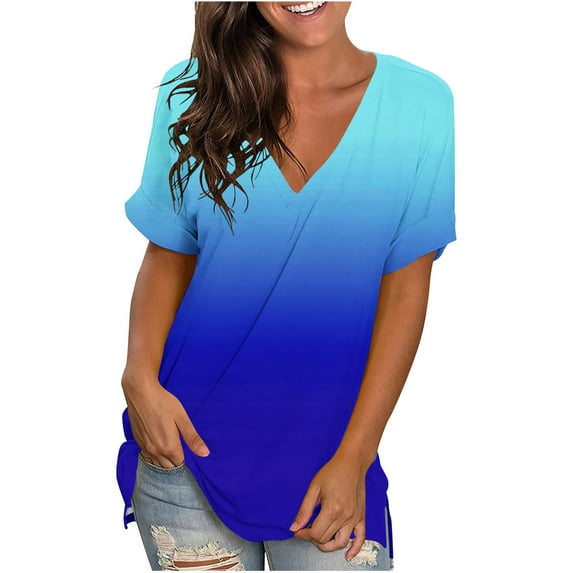 tarylea Summer Tops for Women Rolled Short Sleeve V Neck Gradient Color Split Hem T-Shirts Casual Loose Comfy Blouse Tee
