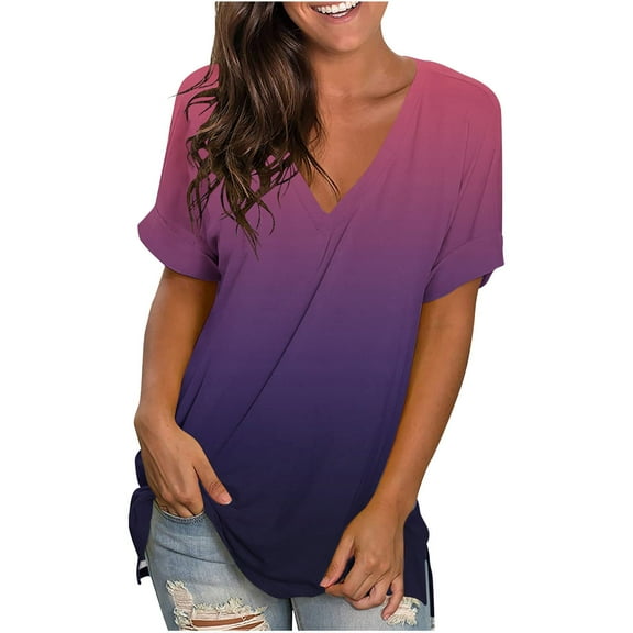 tarylea Summer Tops for Women Rolled Short Sleeve V Neck Gradient Color Split Hem T-Shirts Casual Loose Comfy Blouse Tee