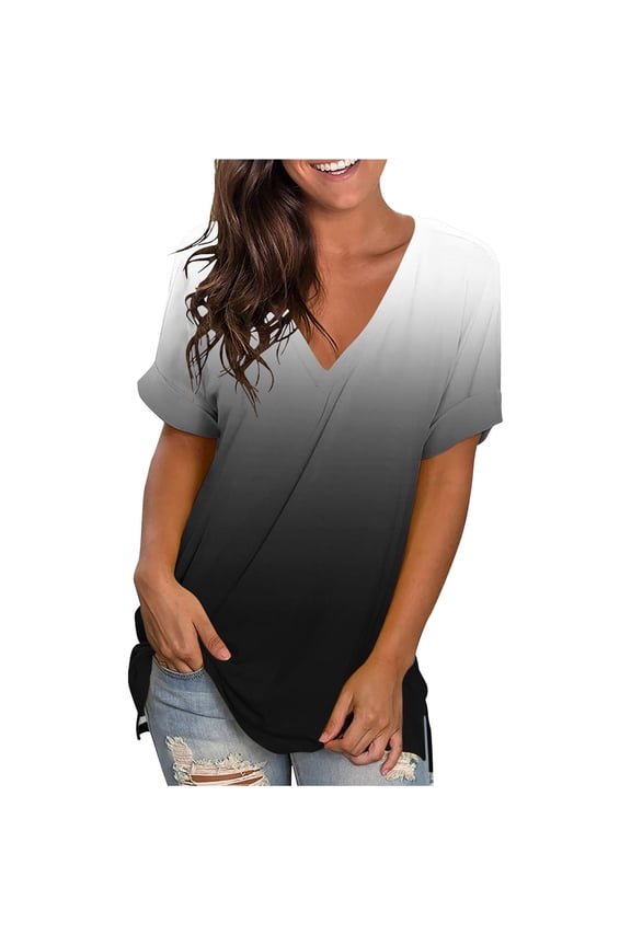Summer Tops for Women Rolled Short Sleeve V Neck Gradient Color Split Hem T-Shirts Casual Loose Comfy Blouse Tee