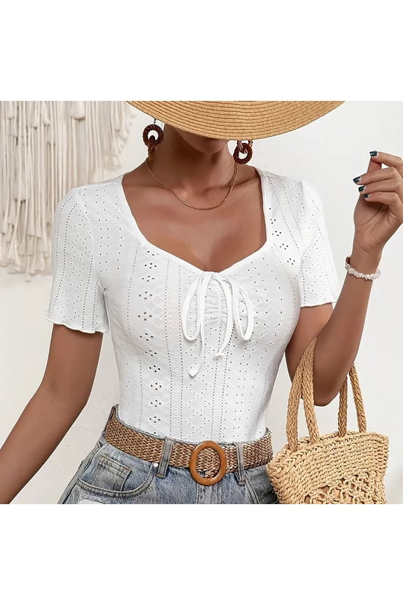 Summer Tops for Women Short Sleeve Square Neck Eyelet Tie Front Blouse Casual Fitted Dressy Spring Crop Tops