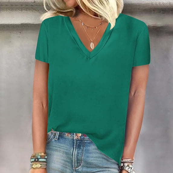 tarylea Summer Tops for Women Short Sleeve V Neck T-Shirt Casual Loose Solid Color Basic Dailywear Tops