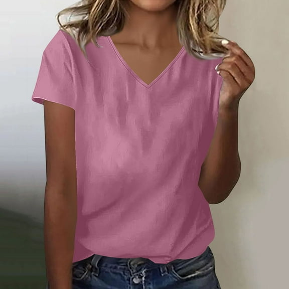 tarylea Summer Tops for Women Short Sleeve V Neck T-Shirt Tops Casual Loose Comfy Basic Solid Color Dailywear Tops