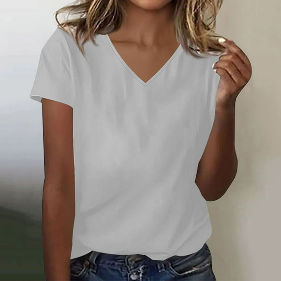 tarylea Summer Tops for Women Short Sleeve V Neck T-Shirt Tops Casual Loose Comfy Basic Solid Color Dailywear Tops