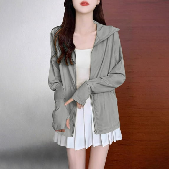 tarylea Sunproof Hoodies for Women Full Zipper Long Sleeve Tops with Thumb Holes Solid Color Loose Tops with Pockets Casual Lightweight Tops