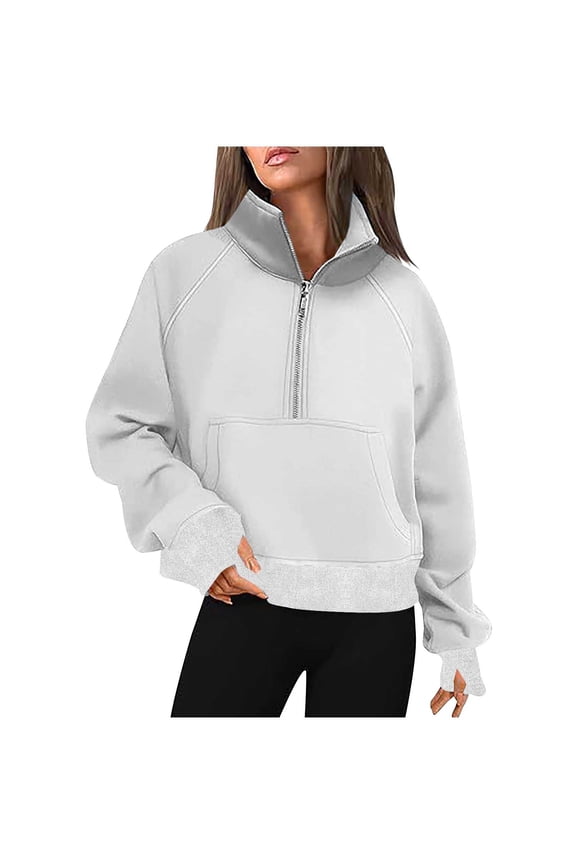 Sweatshirt for Women Half Zipper Standing Collar Pullover with Pockets Solid Color Long Sleeve Tops with Thumb Holes Casual Loose Tops