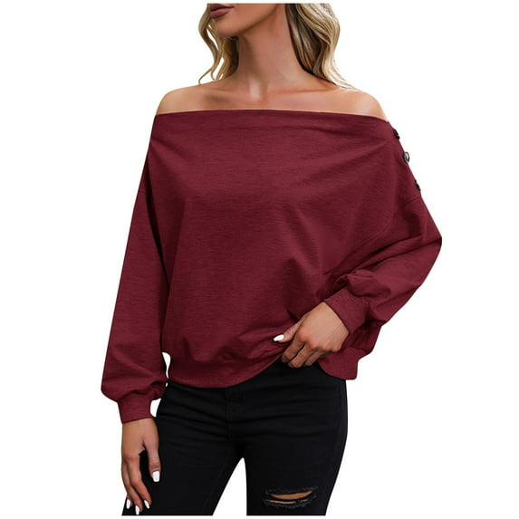 tarylea Sweatshirt for Women Shoulder Button off Shoulder Tops Long Sleeve Solid Color Pullover Casual Loose Dailywear
