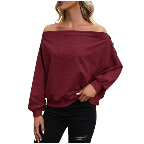 tarylea Sweatshirt for Women Shoulder Button off Shoulder Tops Long Sleeve Solid Color Pullover Casual Loose Dailywear