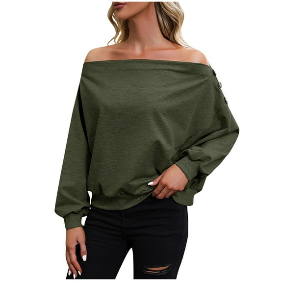 tarylea Sweatshirt for Women Shoulder Button off Shoulder Tops Long Sleeve Solid Color Pullover Casual Loose Dailywear