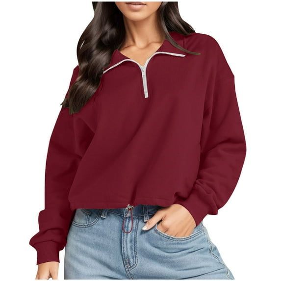 tarylea Sweatshirt for Women Zipper Turn down Collar Pullover Long Sleeve Solid Color Crop Tops Casual Loose Trendy Tops
