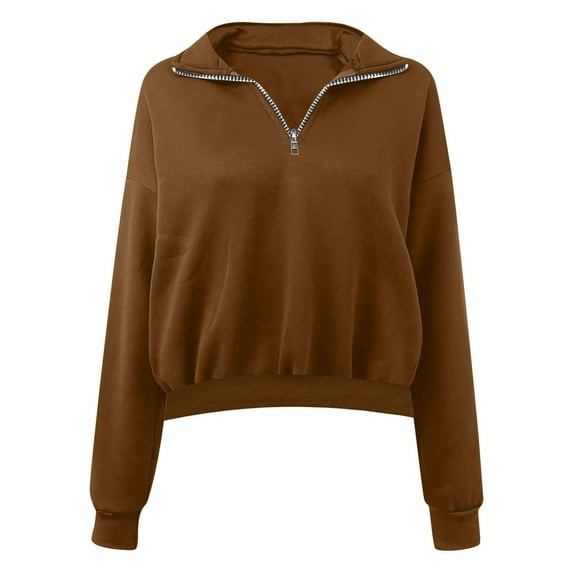tarylea Sweatshirt for Women Zipper Turn down Collar Pullover Long Sleeve Solid Color Crop Tops Casual Loose Trendy Tops