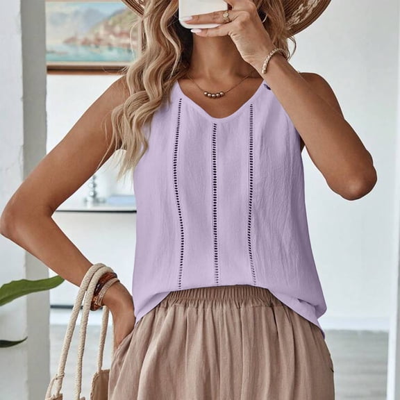tarylea Tank Tops for Women Sleeveless V Neck Eyelet Tops Casual Loose Summer Breathable Lightweight T-Shirts
