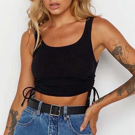 tarylea Tank Tops for Women Wide Strap Square Neck Drawstring Crop Tops Solid Color Slim Fitted Shirts Casual Stretch Summer Tops