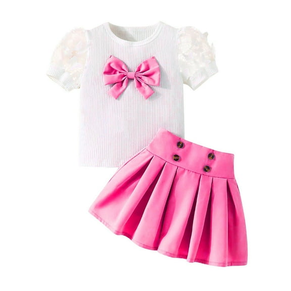 tarylea Toddler Baby Girls Clothes Bowknot Ruffle Short Sleeve Top Pleated a Line Mini Skirts Clothing Sets