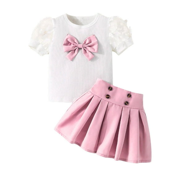 tarylea Toddler Baby Girls Clothes Bowknot Ruffle Short Sleeve Top Pleated a Line Mini Skirts Clothing Sets
