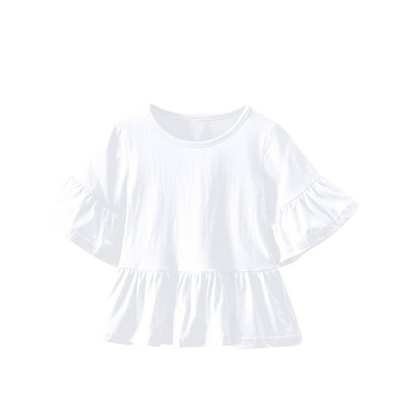 tarylea Toddler Baby Girls Clothes Crew Neck Short Flare Sleeve Blouse Solid Color Ruffled Hem Tunic Casual Loose Dressy Summer Infant Tops for 1-8 Years