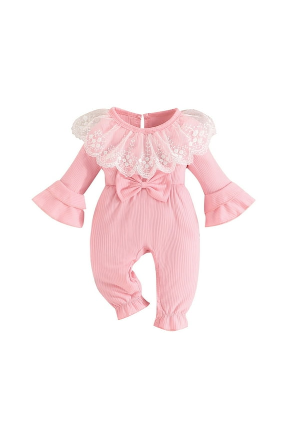 Toddler Girls Clothes Lace Blocked Long Flare Sleeve Rompers Cinch Bottom Ruffled Button Jumpsuits Casual Dressy Fall Outwear Outfits for 0-18 Months
