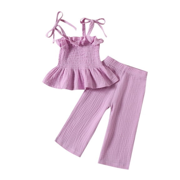 tarylea Toddler Girls Clothes Spaghetti Strap Ruffled Stretch Tank Tops Wide Leg Elastic Waist Pants Solid Color Trendy Casual Loose Suits Summer Comfy Breathable Outfits for 6 Months-3 Years