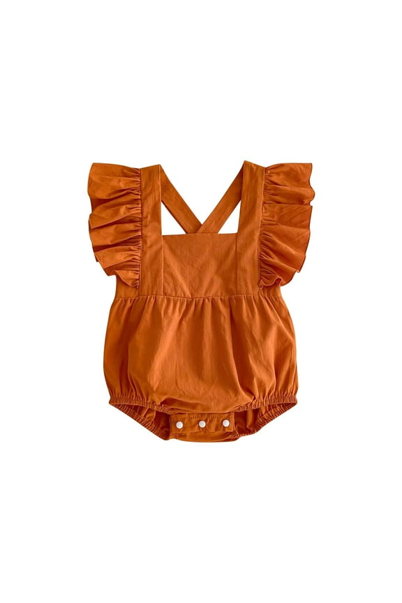 Toddler Girls Clothes Square Neck Sleeveless Ruffled Romper Cross Back Solid Color Stretch Jumpsuits Casual Breathable Summer Comfy Outfits for 0-10 Months