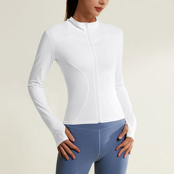 tarylea Tops for Women Full Zipper Standing Collar Jackets Slim Fitted Solid Color Crop Tops with Thumb Holes Casual Stretch Sunproof Workout Tops