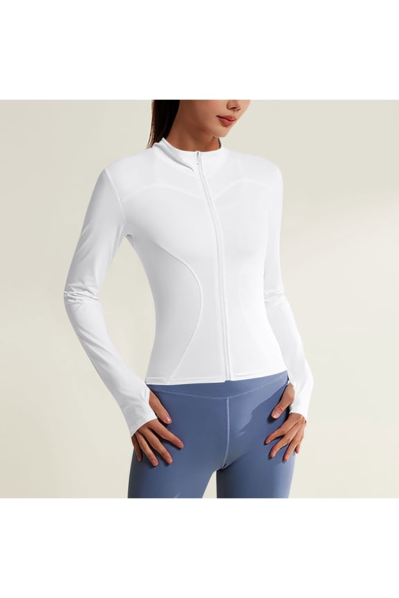 Tops for Women Full Zipper Standing Collar Jackets Slim Fitted Solid Color Crop Tops with Thumb Holes Casual Stretch Sunproof Workout Tops