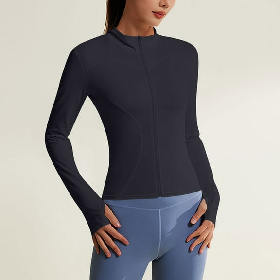 tarylea Tops for Women Full Zipper Standing Collar Jackets Slim Fitted Solid Color Crop Tops with Thumb Holes Casual Stretch Sunproof Workout Tops