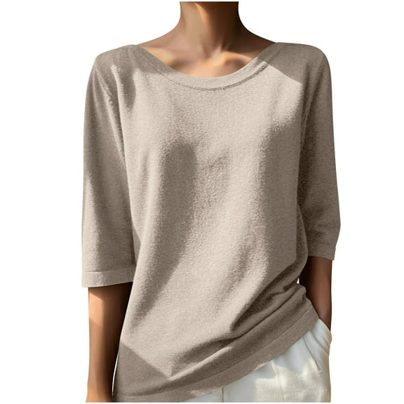 tarylea Tops for Women Knitted Sweater Scoop Neck 3/4 Sleeve Tops Solid Color Loose Fall Tops Casual Comfy Shirts