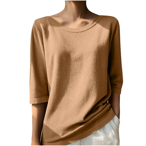 tarylea Tops for Women Knitted Sweater Scoop Neck 3/4 Sleeve Tops Solid Color Loose Fall Tops Casual Comfy Shirts