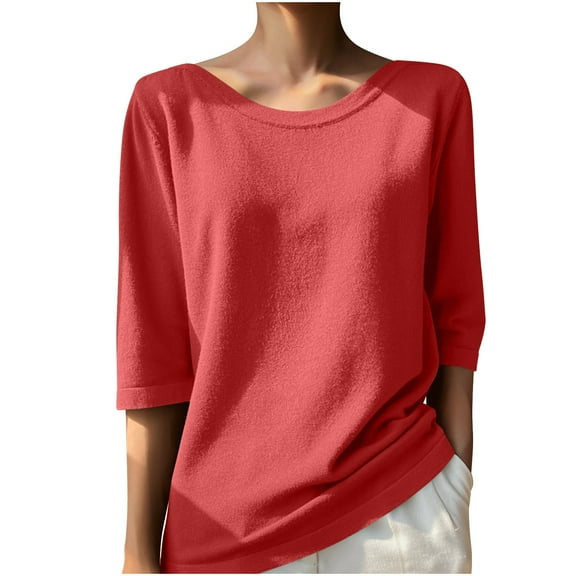 tarylea Tops for Women Knitted Sweater Scoop Neck 3/4 Sleeve Tops Solid Color Loose Fall Tops Casual Comfy Shirts