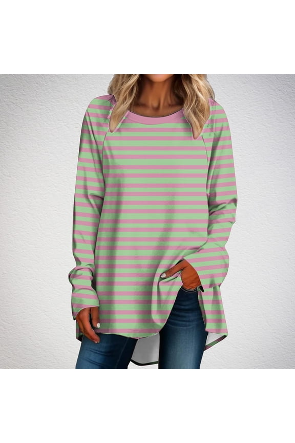 Tops for Women Scoop Neck Long Sleeve Striped Blouse Irregular Hem Loose Tunic Tops Casual Comfy Fall Dailywear Tops
