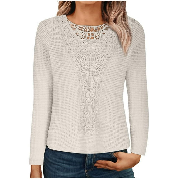 tarylea Tops for Women Trendy Crew Neck Block Blouse Long Sleeve Solid Color Tops Causal Loose Fall Dressy Tops