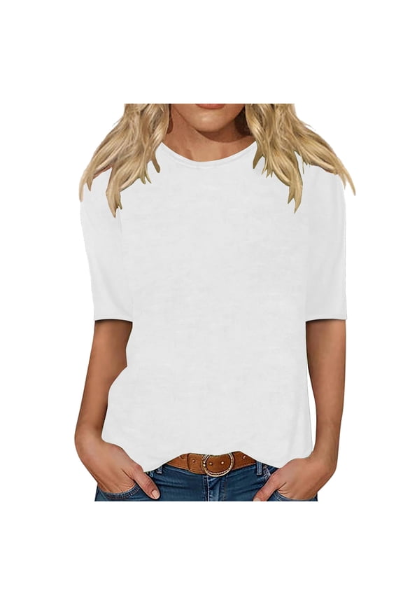 Tops for Women Trendy Crew Neck Elbow Length Sleeve Shirts Solid Color Casual Loose Basic Tops Summer Dailywear Tops
