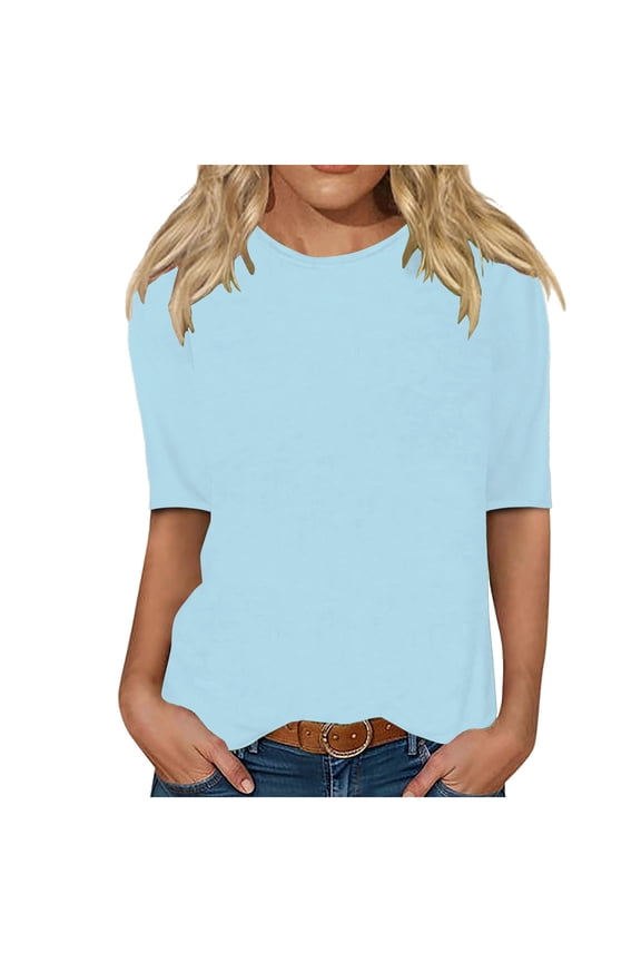 Tops for Women Trendy Crew Neck Elbow Length Sleeve Shirts Solid Color Casual Loose Basic Tops Summer Dailywear Tops