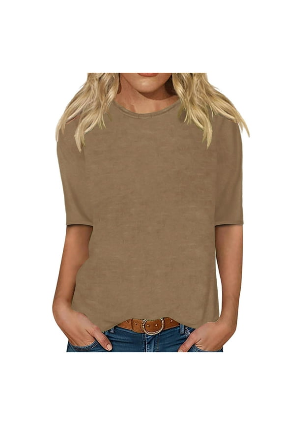 Tops for Women Trendy Crew Neck Elbow Length Sleeve Shirts Solid Color Casual Loose Basic Tops Summer Dailywear Tops