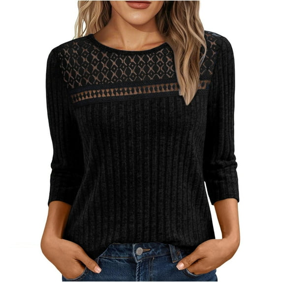 tarylea Tops for Women Trendy Crew Neck Eyelet Blouse Solid Color 3/4 Sleeve Ribbed Tops Casual Loose Dressy Fall Tops